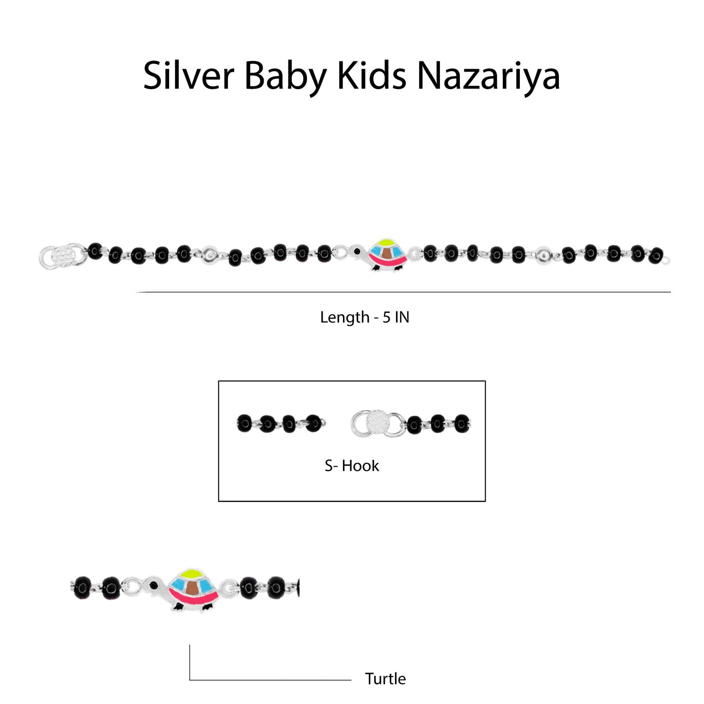 Hem Jewels Pure Silver Baby Nazariya with Turtle Charm and Black Beads Bracelet for New Born Baby Boy & Girl (Length - 5 Inch) (Age - 0-24 month)