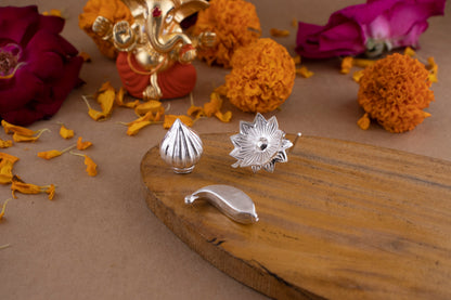 97%-99% Pure Puja, Pooja Item Set | Ganesh Chaturthi Special Silver Combo of Modak, Flower and Banana for Puja, Gift and Mandir | Silver, Set of 3 Items