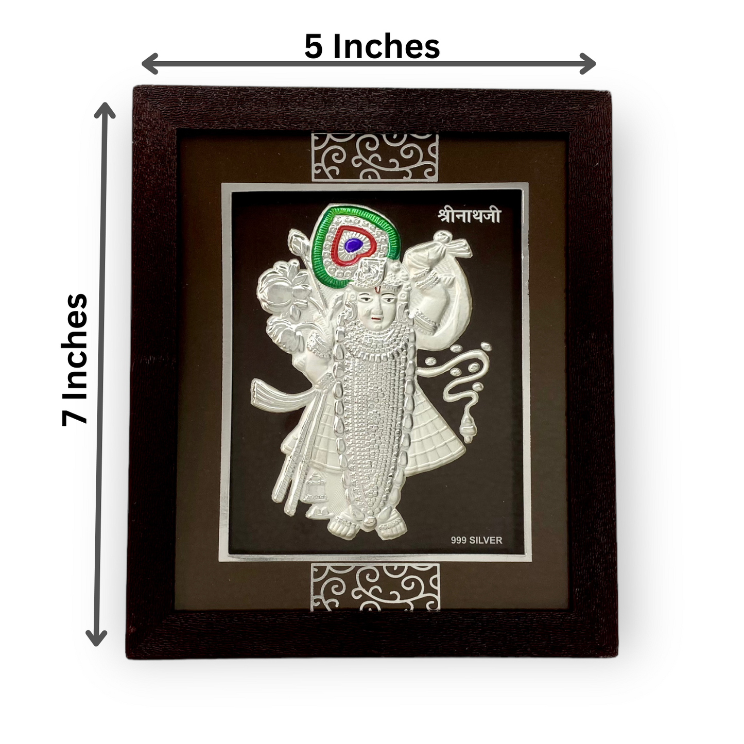 "Front view of exquisite 7x5 inch 999 pure silver Shreenathji frame by Hem Jewels®, showcasing its dimensions."	