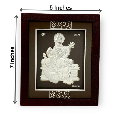 "Front view of exquisite 7x5 inch 999 pure silver Saraswati frame by Hem Jewels®, showcasing its dimensions."	