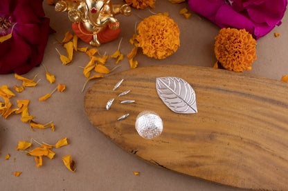 97%-99% Pure Silver Puja, Pooja Item Set | Combo of Tulsi Paan(Basin), Supari and 5 pcs of Rice(Akshat) for Puja, Gift and Mandir | Silver, Set of 3 Items