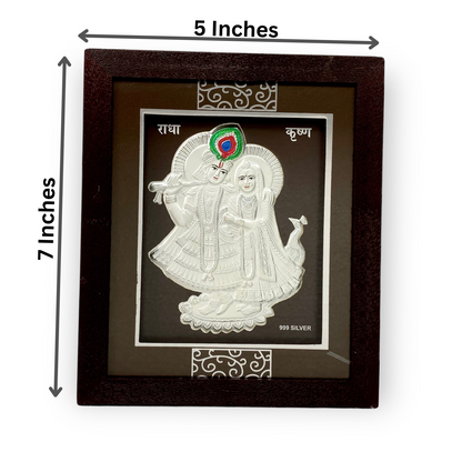 "Front view of exquisite 7x5 inch 999 pure silver Radhe Krishna frame by Hem Jewels®, showcasing its dimensions."	