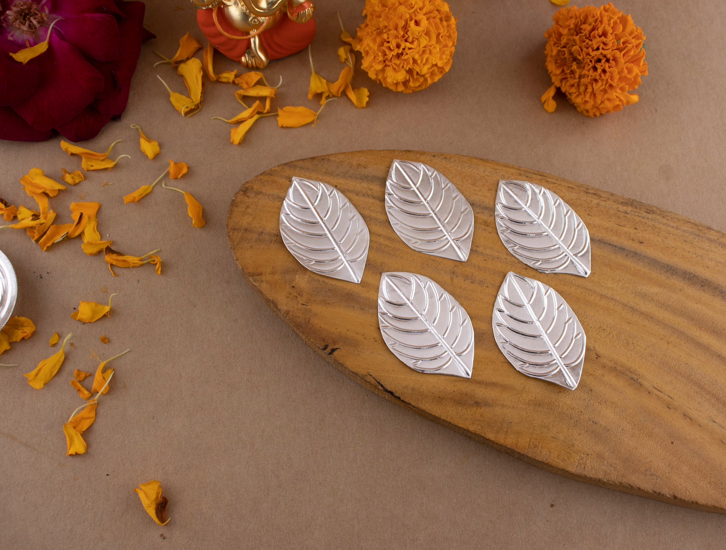 97%-99% Pure Silver Puja, Pooja Item Set | Combo of 5 Tulsi Paan(Basil) for Puja, Gift and Mandir | Silver Pack of 5 pcs