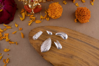 97%-99% Pure Silver Puja, Pooja Item Set | Combo of 5 Dryfruits (Cashewnuts, Pistachio, Almond(badaam), Kharek and Cardamom) for Puja, Gift and Mandir | Silver, Set of 5 Items