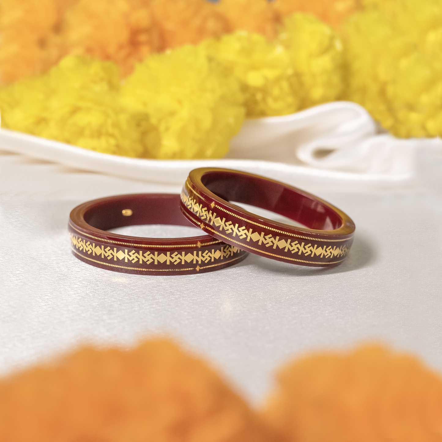 916 Swastik Gold Pola Bangles - Maroon (Double Gold Strip - Set of 2pcs)