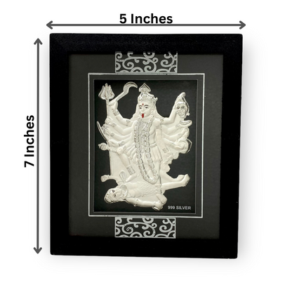 "Front view of exquisite 7x5 inch 999 pure silver Mahakali frame by Hem Jewels®, showcasing its dimensions."	