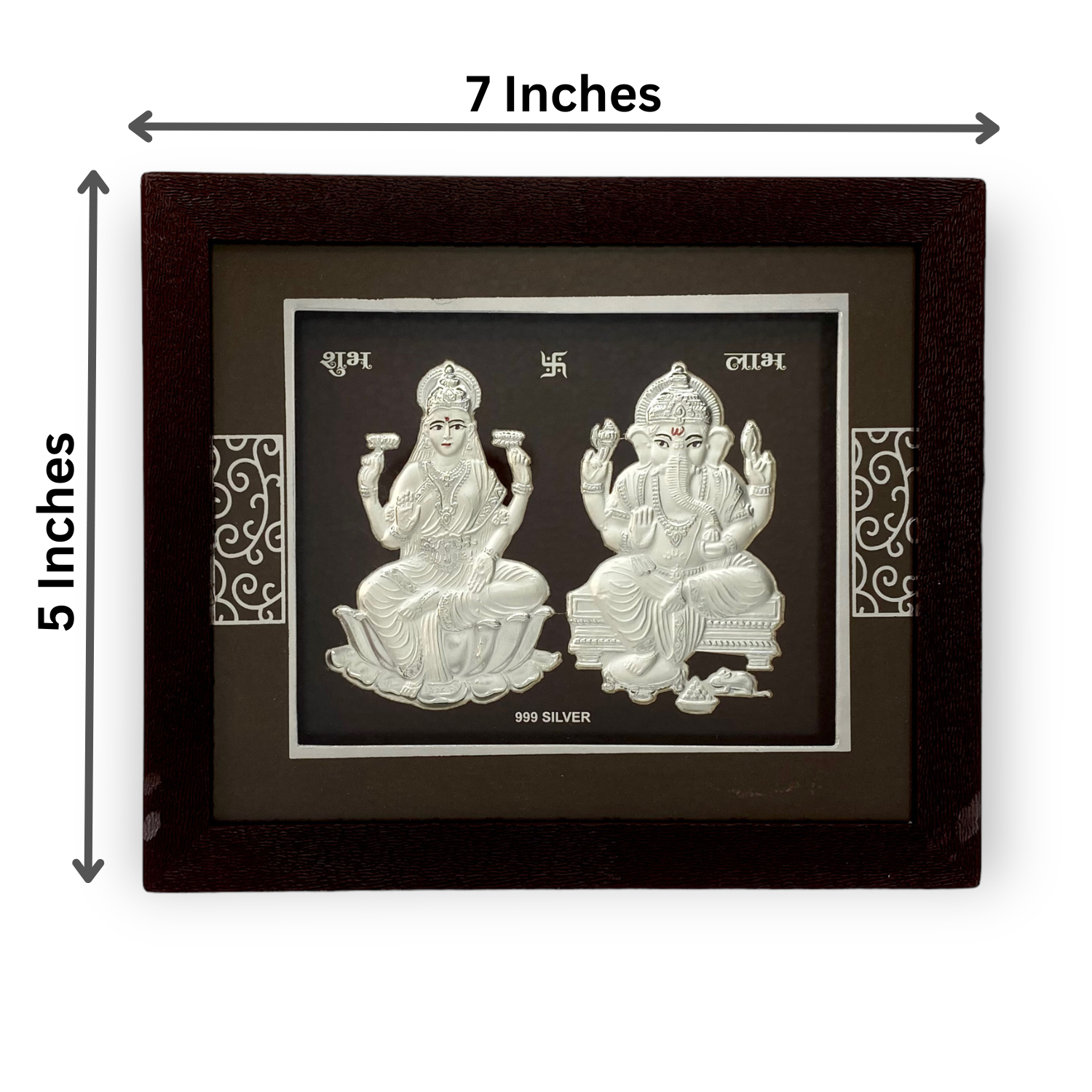 "Front view of exquisite 7x5 inch 999 pure silver Ganesh Laxmi frame by Hem Jewels®, showcasing its dimensions."	