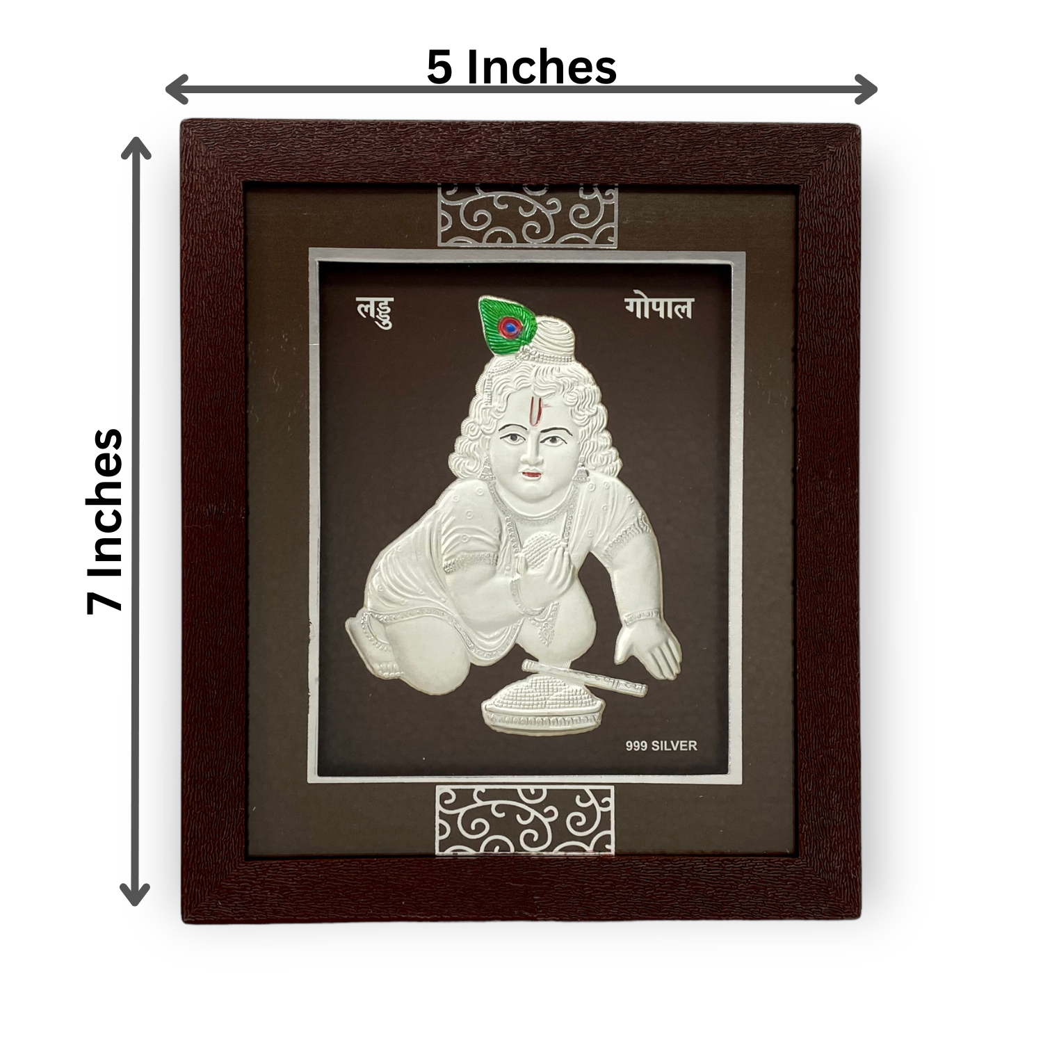 Front view of exquisite 7x5 inch 999 pure silver Laddu Gopal (Bal Krishna) frame by Hem Jewels® showcasing the dimensions	