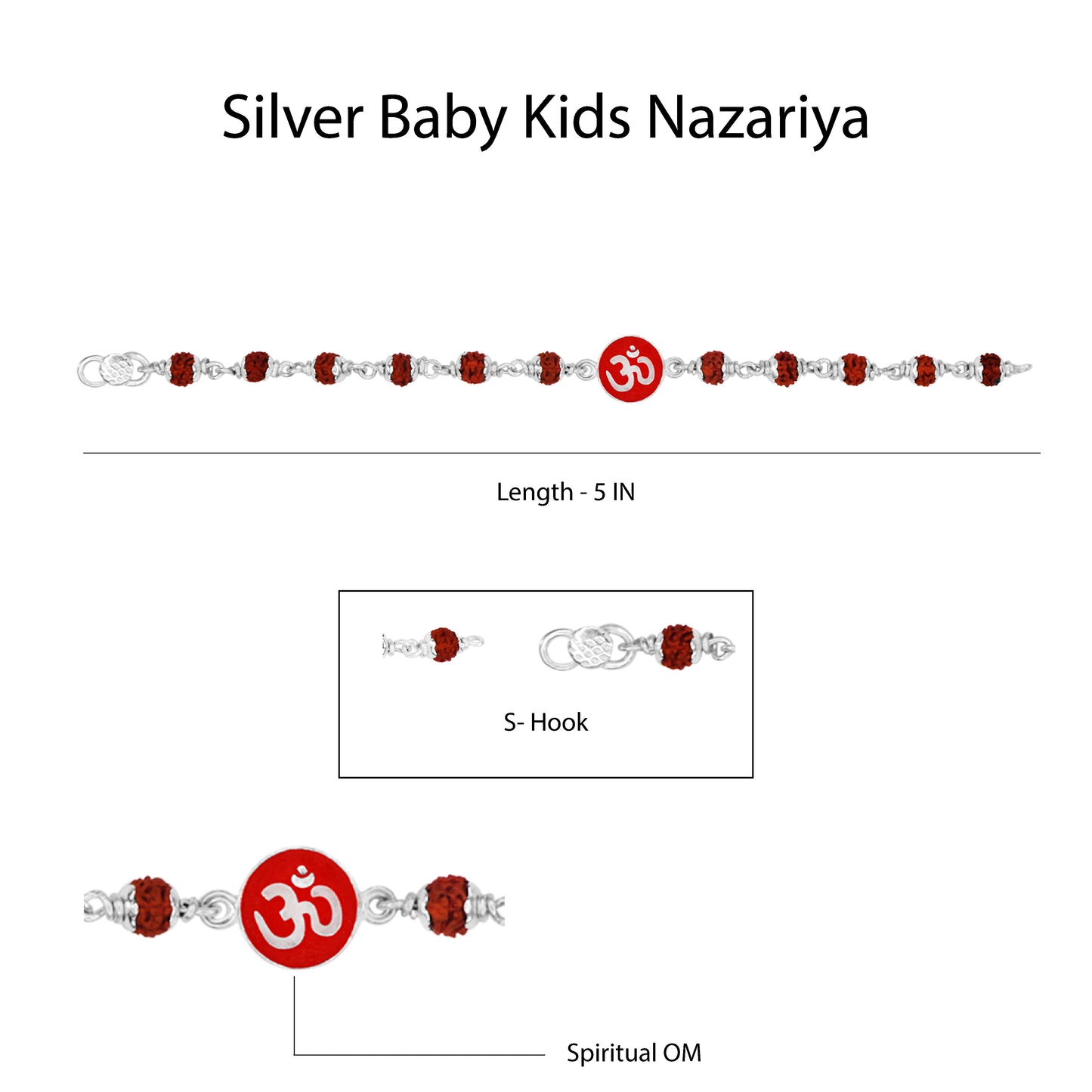 Hem Jewels Pure Silver Baby Nazariya with OM Charm and Spiritual Rudraksha Beads Bracelet for New Born Baby Boy & Girl (Length - 5 Inch) (Age - 0-24 month