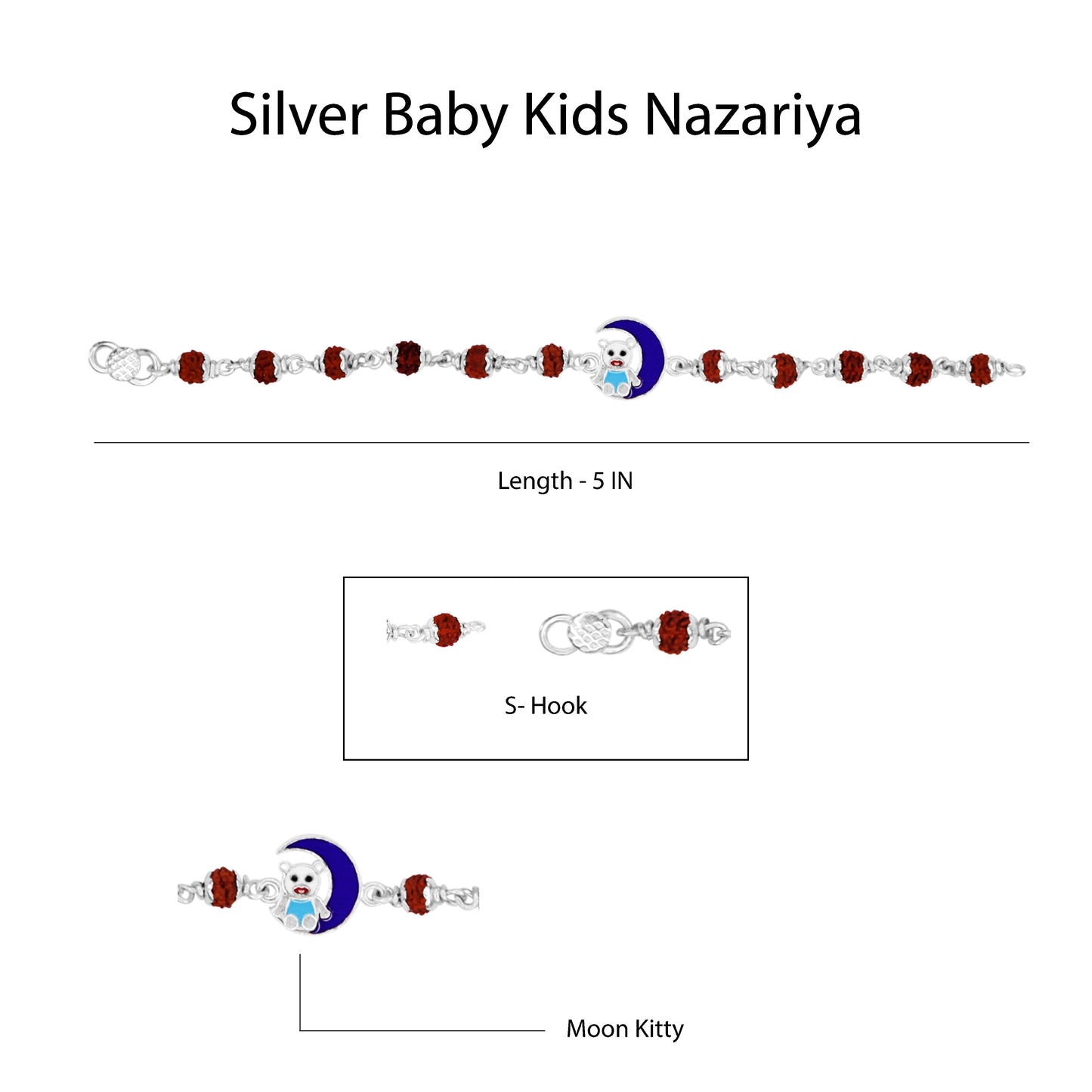 Hem Jewels Pure Silver Baby Nazariya with Moon Kitty Charm and Spiritual Rudraksha Beads Bracelet for New Born Baby Boy & Girl (Length - 5 Inch) (Age - 0-24 month)