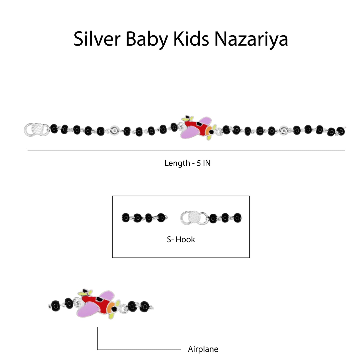 Hem Jewels Pure Silver Baby Nazariya with Airplane Charm and Black Beads Bracelet for New Born Baby Boy & Girl (Length - 5 Inch) (Age - 0-24 month)