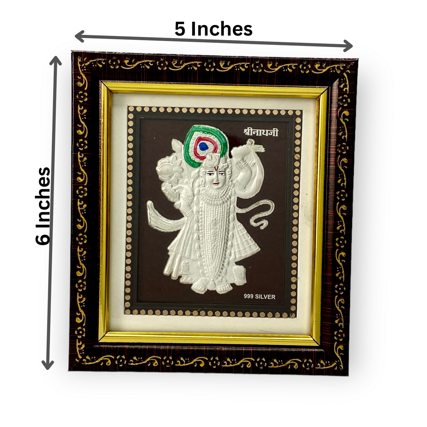 "Front view of exquisite 5x6 inch 999 pure silver Shreenathji frame by Hem Jewels®, showcasing its dimensions."