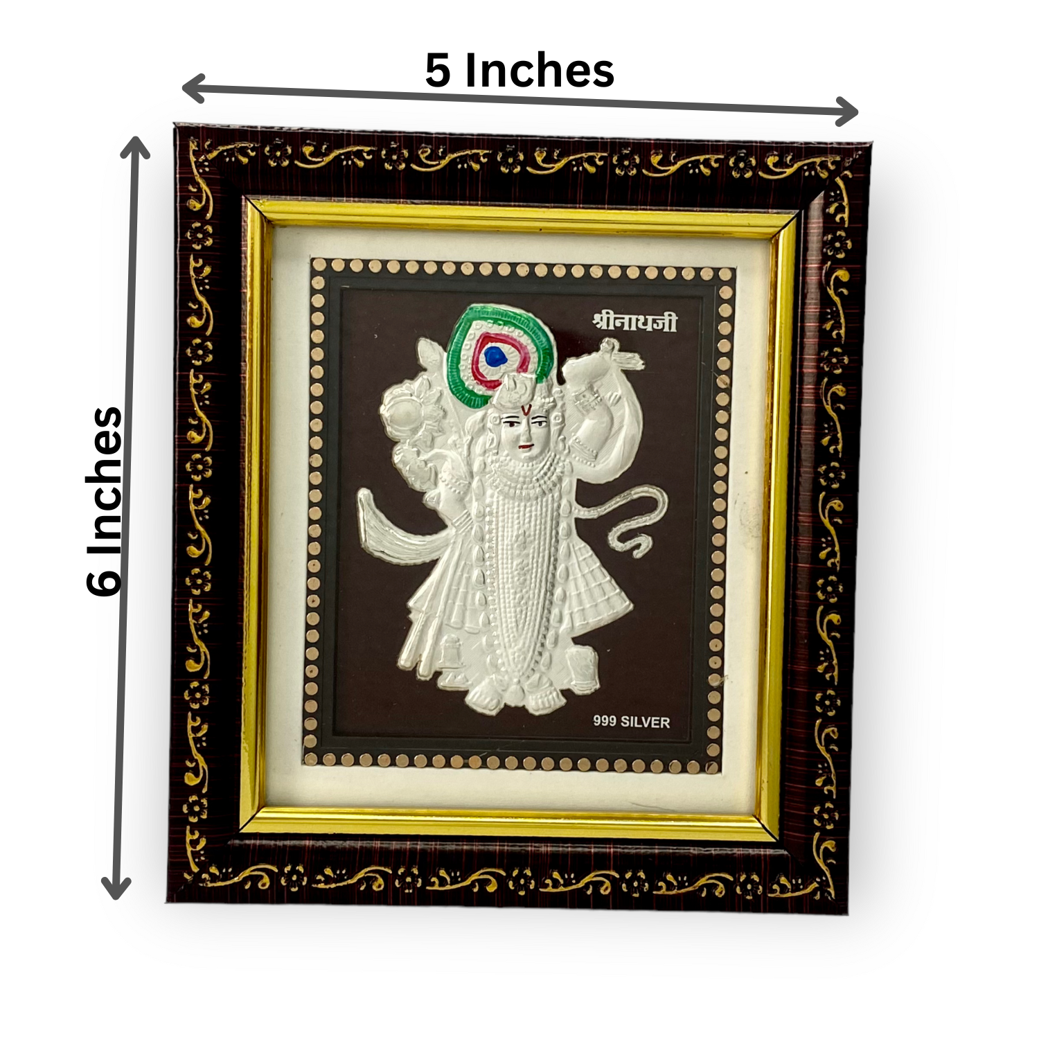 "Front view of exquisite 5x6 inch 999 pure silver Shreenathji frame by Hem Jewels®, showcasing its dimensions."