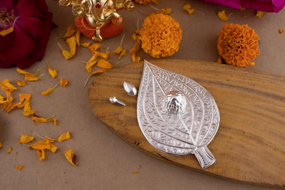 97%-99% Pure Silver Puja, Pooja Item Set | Combo of Pipal Paan, Laung (Clove), Elaichi(Cardamom) and Supari for Puja, Gift and Mandir | Silver, Set of 4 Items