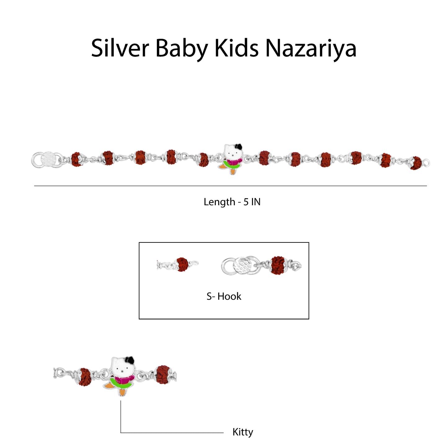 Hem Jewels Pure Silver Baby Nazariya with Kitty Charm and Spiritual Rudraksha Beads Bracelet for New Born Baby Boy & Girl (Length - 5 Inch) (Age - 0-24 month)