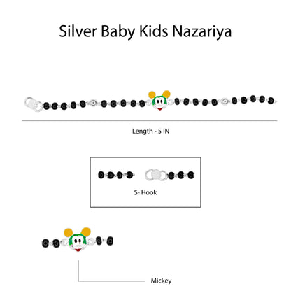 Hem Jewels Pure Silver Baby Nazariya with Micky Charm and Black Beads Bracelet for New Born Baby Boy & Girl (Length - 5 Inch) (Age - 0-24 month)