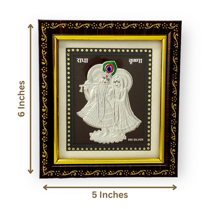 "Front view of exquisite 5x6 inch 999 pure silver Radhe Krishna frame by Hem Jewels®, showcasing its dimensions."