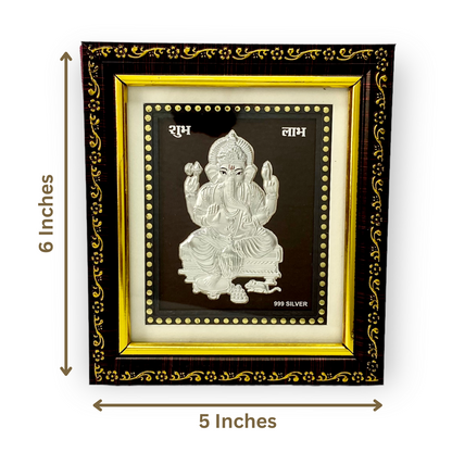 "Front view of exquisite 5x6 inch 999 pure silver Ganesh frame by Hem Jewels®, showcasing its dimensions."