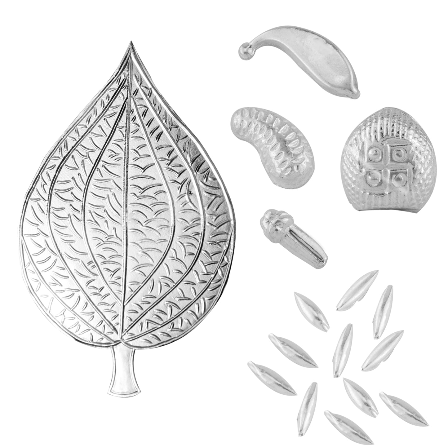 97%-99% Pure Silver Puja, Pooja Item Set | Combo of Pipal Paan, Laung (Clove), Kaju(Cashew), Banana, Supari and 11 pcs of Rice(Akshat) for Puja, Gift and Mandir | Silver, Set of 6 Items