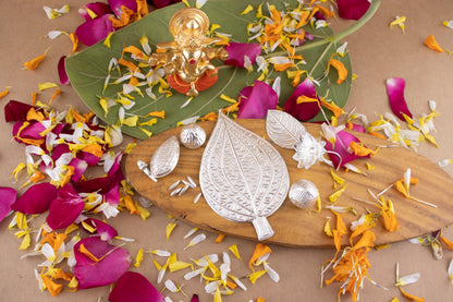 97%-99% Pure Silver Puja, Pooja Item Set | Combo of Pipal Paan, Tulsi, Laung (Clove), Supari, Flower, Badam(Almonds) and 9 pcs of Rice for Puja, Gift and Mandir | Silver, Set of 7 Items