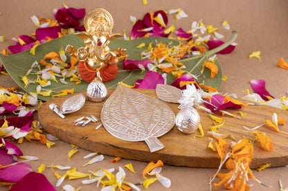 97%-99% Pure Silver Puja, Pooja Item Set | Combo of Pipal Paan, Tulsi, Laung (Clove), Supari, Flower, Badam(Almonds) and 9 pcs of Rice for Puja, Gift and Mandir | Silver, Set of 7 Items