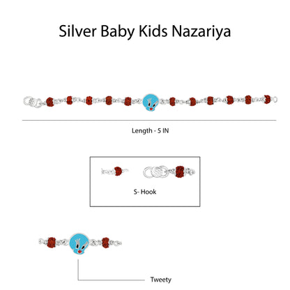 Hem Jewels Pure Silver Baby Nazariya with Tweety Charm and Spiritual Rudraksha Beads Bracelet for New Born Baby Boy & Girl (Length - 5 Inch) (Age - 0-24 month)