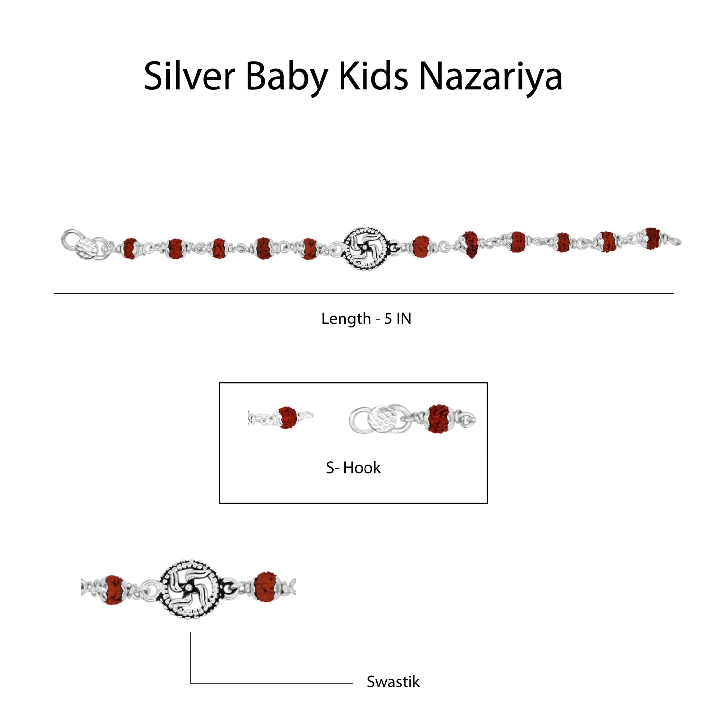 Hem Jewels Pure Silver Baby Nazariya with Swastik Charm and Spiritual Rudraksha Beads Bracelet for New Born Baby Boy & Girl (Length - 5 Inch) (Age - 0-24 month)