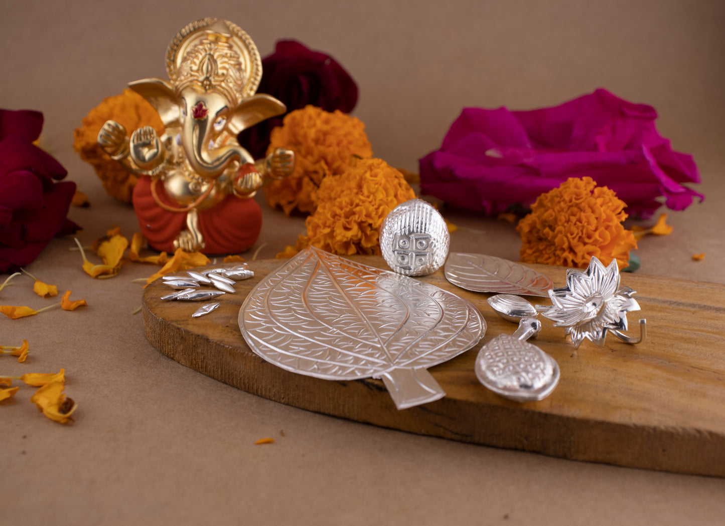 97%-99% Pure Silver Puja, Pooja Item Set | Combo of Pipal Paan, Tulsi, Laung, Supari, Flower, Badam, Elaichi and 11 pcs of Rice for Puja, Gift and Mandir | Silver, Set of 8 Items