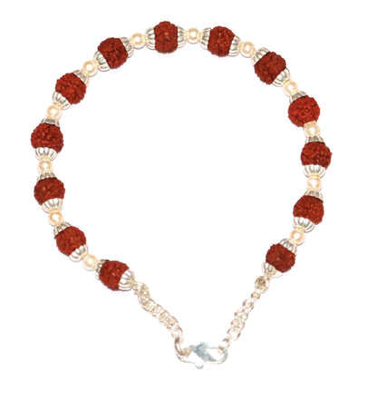 Silver Rudraksha Rakhi with Rudraksh and Pearl Combo Motif - White background