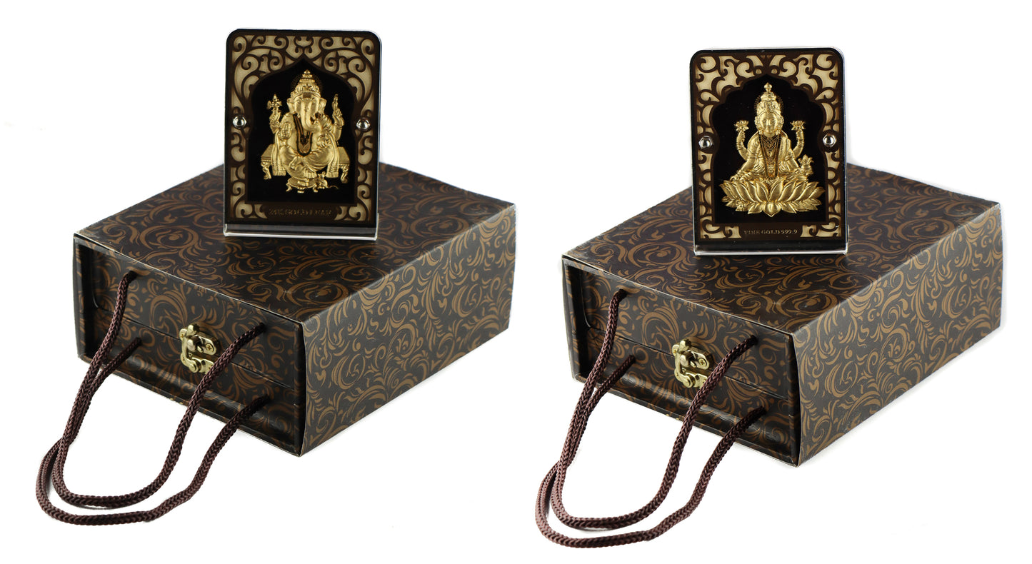 24k Pure Gold Foil Ganesh Laxmi Combo Frame - 4x3 Inches (Set of 2Pcs)