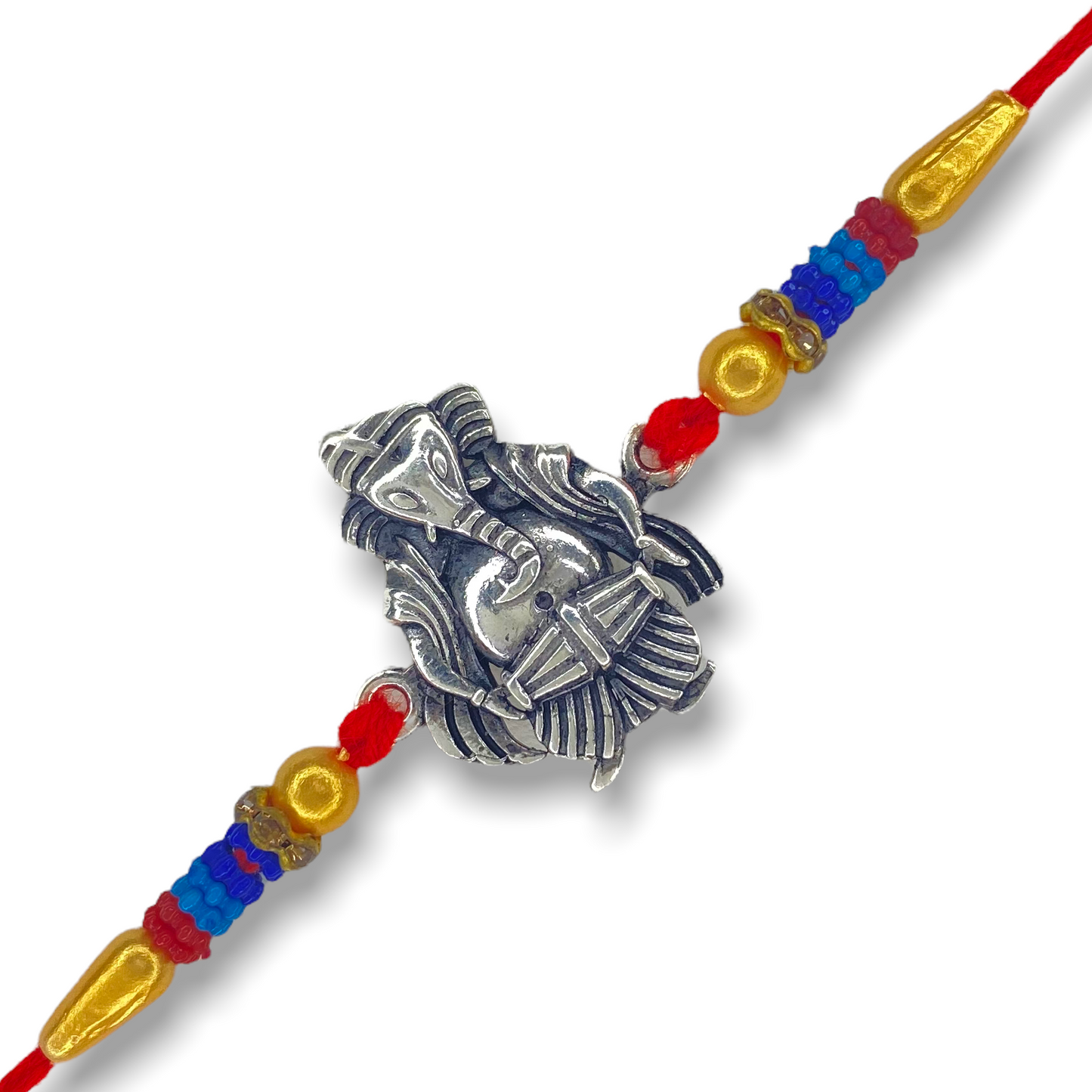 Elegant Silver Rakhi with Ganesha playing dholak Motif - White background