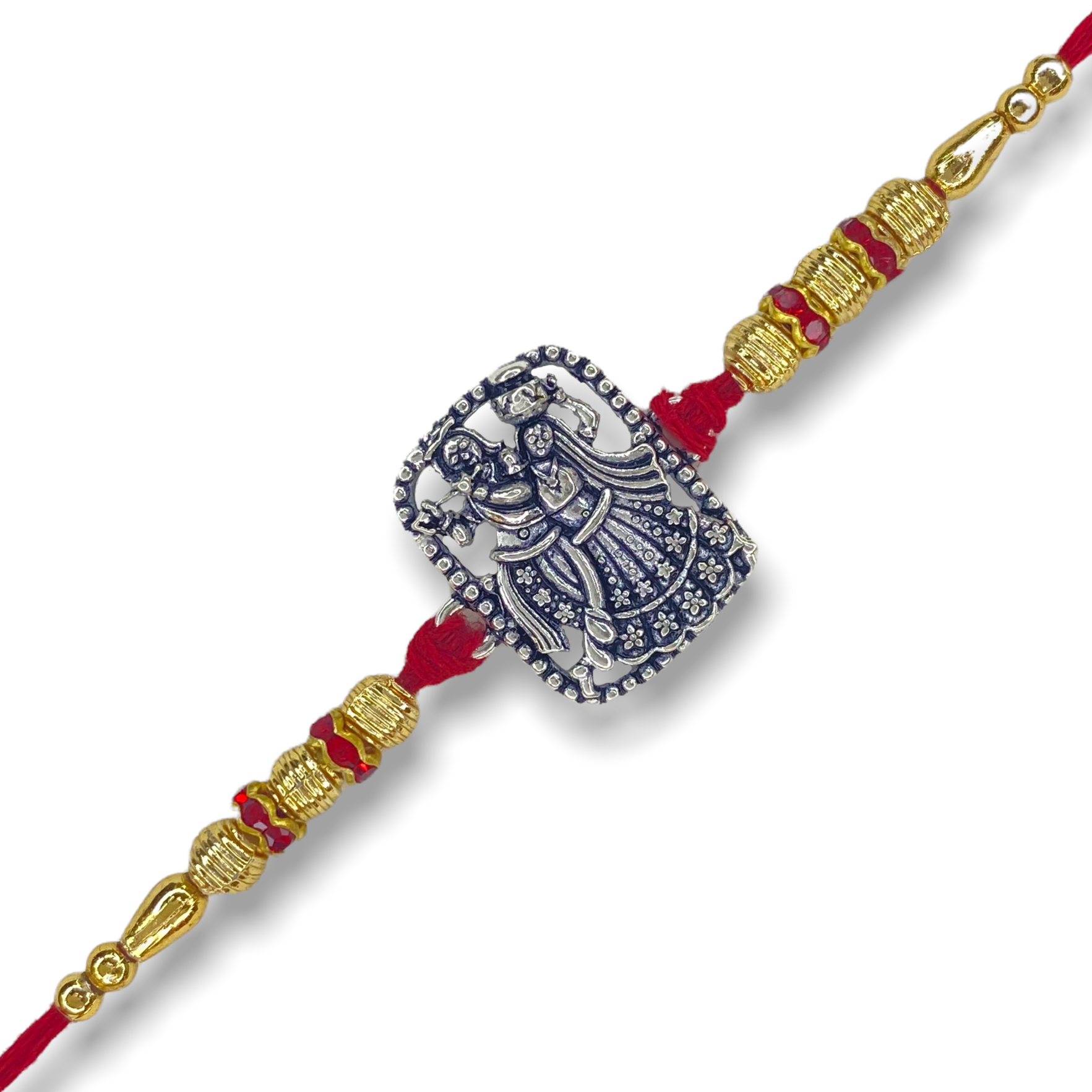 Elegant Silver Rakhi with Radhe Krishna Motif - White background