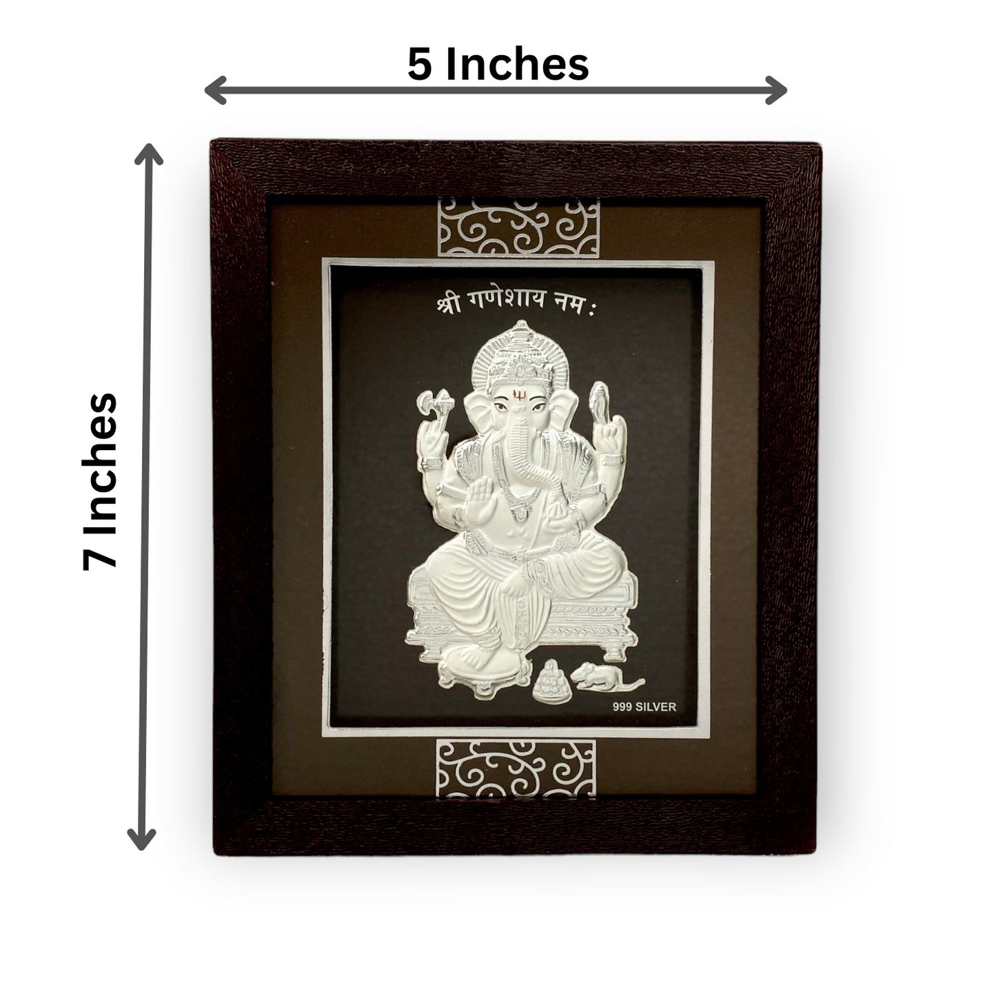 "Front view of exquisite 7x5 inch 999 pure silver Ganesh frame by Hem Jewels®, showcasing its dimensions."	