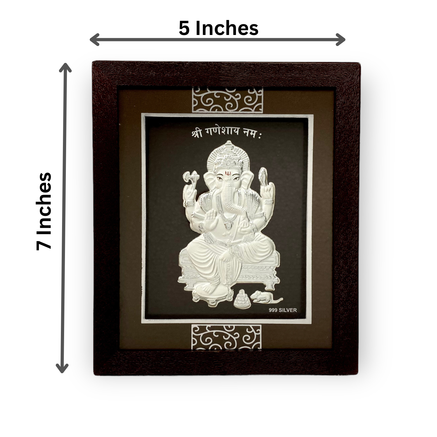 "Front view of exquisite 7x5 inch 999 pure silver Ganesh frame by Hem Jewels®, showcasing its dimensions."	