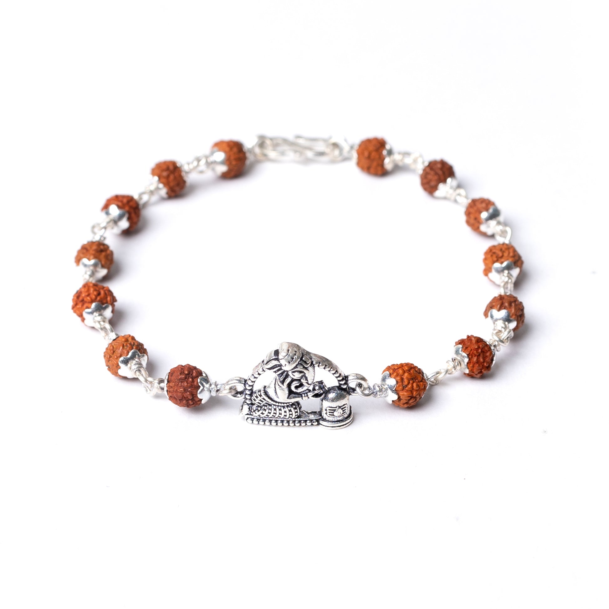 Silver Rudraksha Rakhi with Ganesh & Shivling Motif - White background