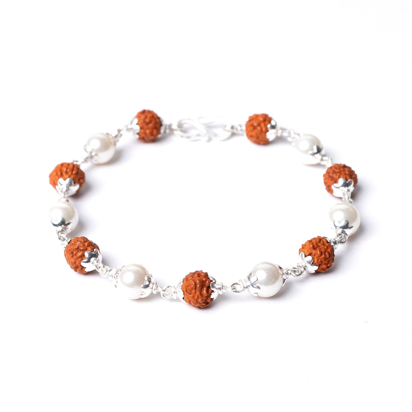 Silver Rudraksha Rakhi with Pearl Design - White background