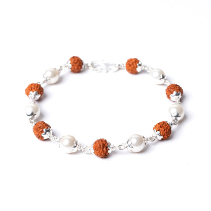 Silver Rudraksha Rakhi with Pearl Design - White background