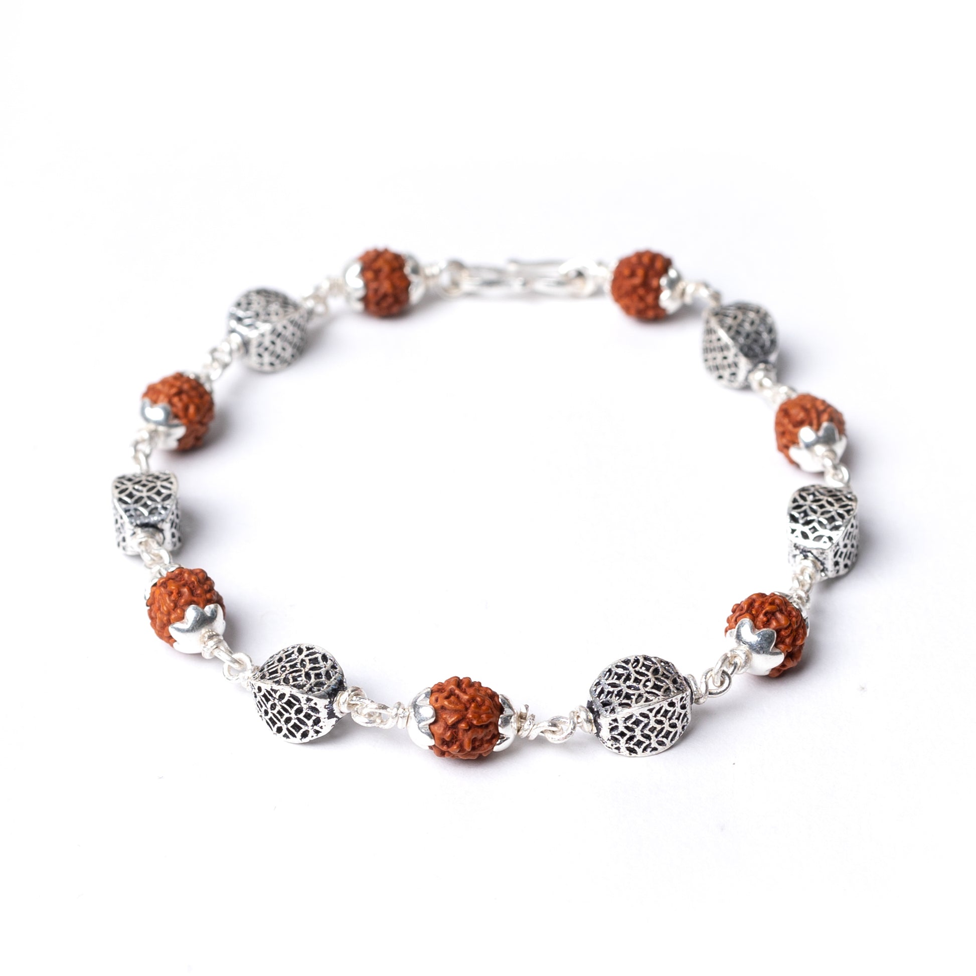 Silver Rudraksha Rakhi with Oxidized Beads - White background