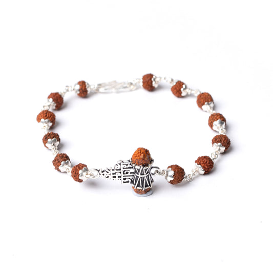 Silver Rudraksha Rakhi with Om Namah Shivay Motif - White background