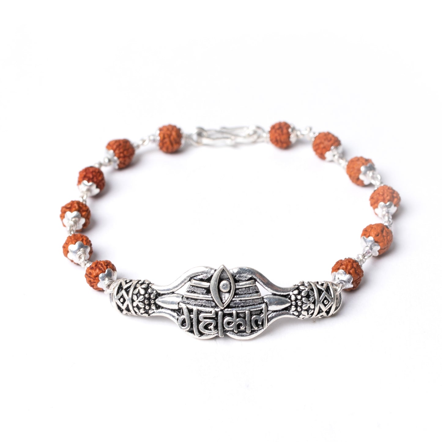 Silver Rudraksha Rakhi with  Mahaka Motif - White background