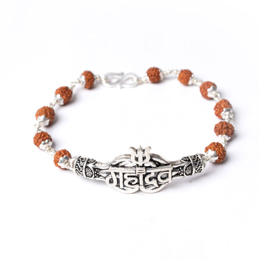 Silver Rudraksha Rakhi with Mahadev Motif - White background