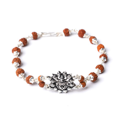 Silver Rudraksha Rakhi with Hanuman Motif - White background