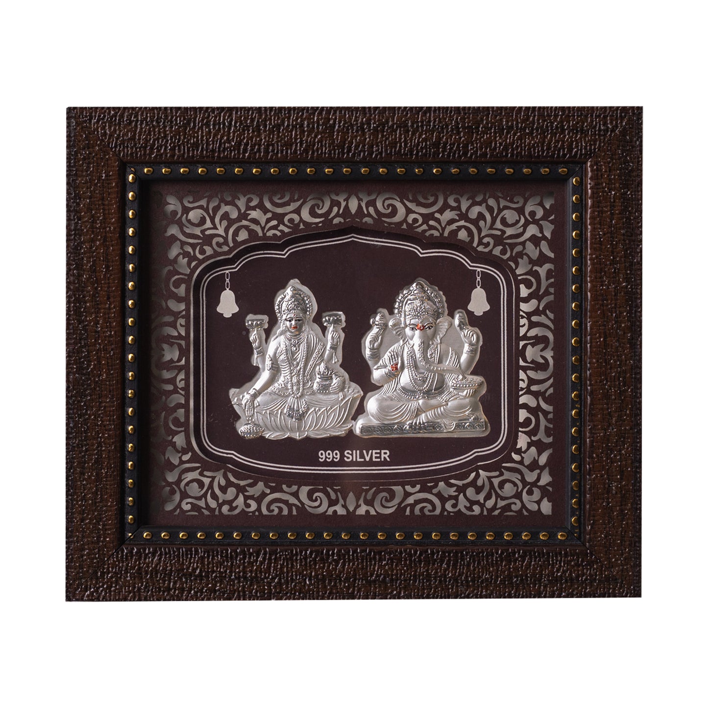 "Front view of exquisite 7.5x6.5 inch 999 pure silver Ganesh Laxmi frame by Hem Jewels®."	