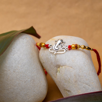 925 Pure Silver Rakhi for Brother with Cotton Thread | Free Size | Design - Zen Ganesh (HRKH-D10)