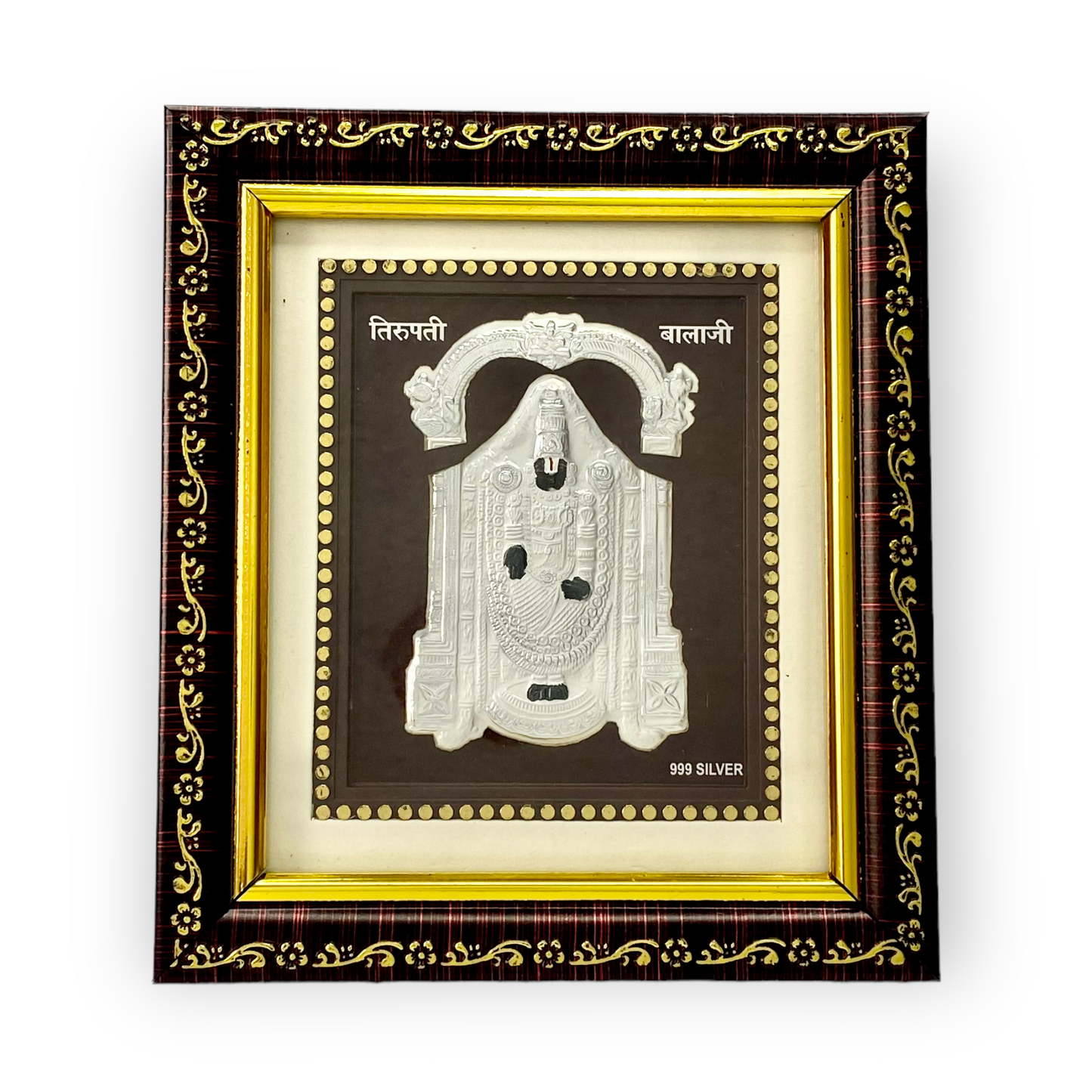 "Front view of exquisite 5x6 inch 999 pure silver Tirupathi Balaji frame by Hem Jewels®."	