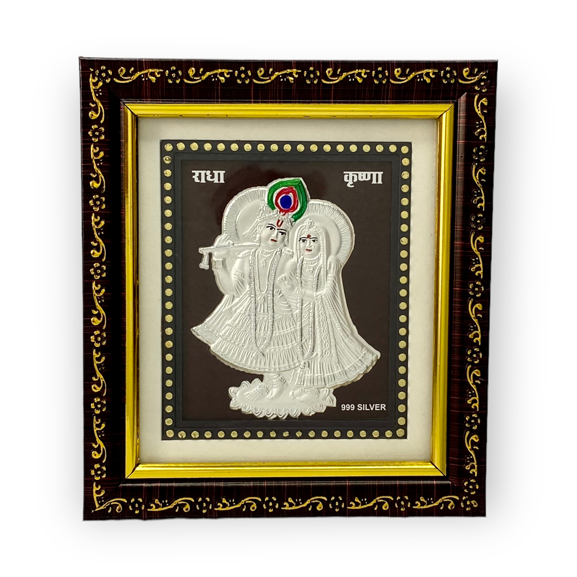 "Front view of exquisite 5x6 inch 999 pure silver Radhe Krishna frame by Hem Jewels®."