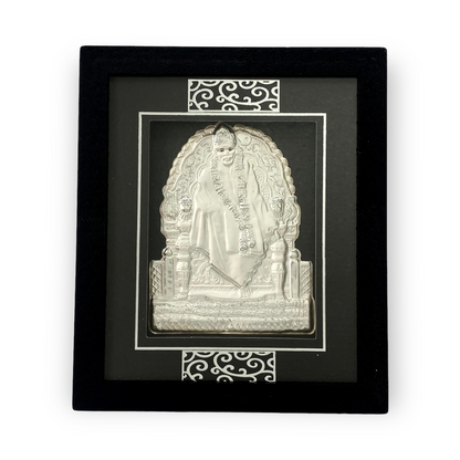  Front view of exquisite 7x5 inch 999 pure silver Sai Baba frame by Hem Jewels		