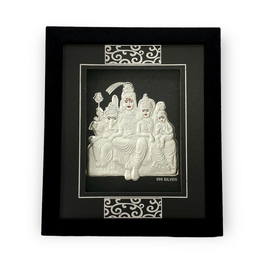  Front view of exquisite 7x5 inch 999 pure silver Shiv Parivar frame by Hem Jewels		