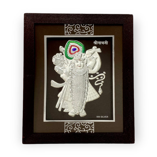 Front view of exquisite 7x5 inch 999 pure silver Shreenathji frame by Hem Jewels		