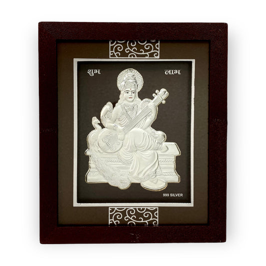  Front view of exquisite 7x5 inch 999 pure silver Saraswati frame by Hem Jewels		